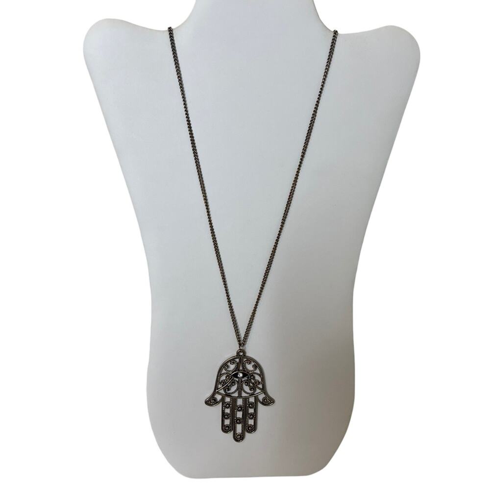 Gold Tone Hamsa Hand Pendant Necklace Evil Eye Open Scroll Chain Necklace